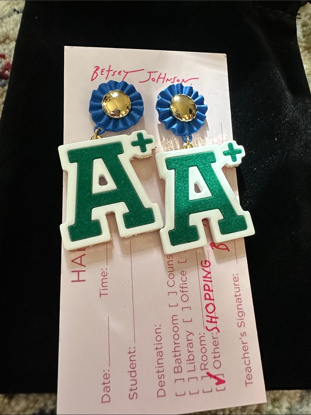Betsey Johnson Blue & Green 'A+' Drop Earrings for kids